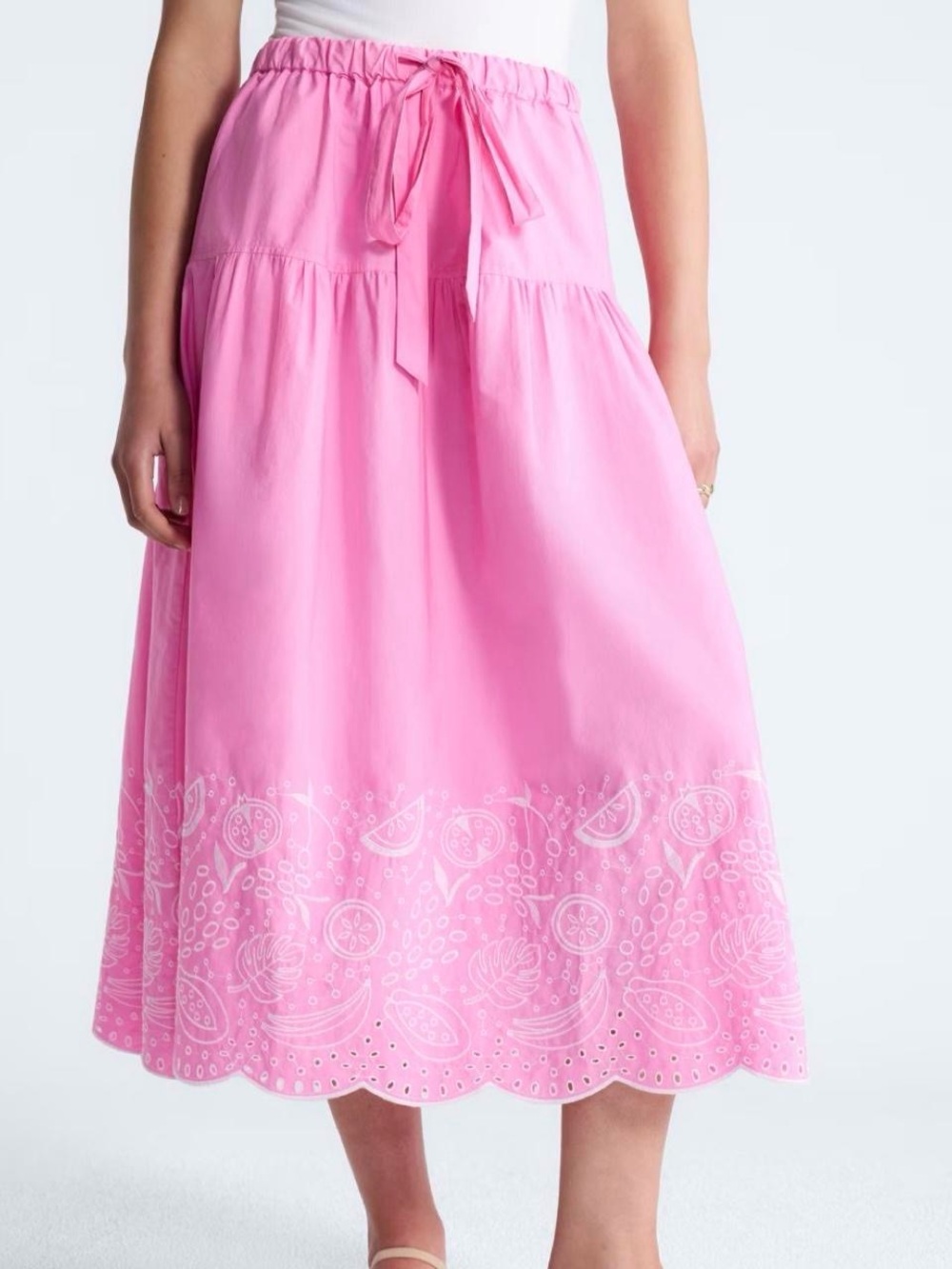 Tonal Pink Eyelet Midi Skirt with Tie Waist